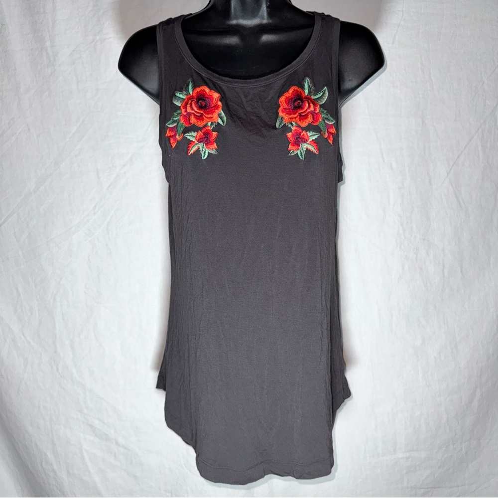 American Eagle 'Soft & Sexy' Tank Top Dark Gray Floral Rose Embroidered Small